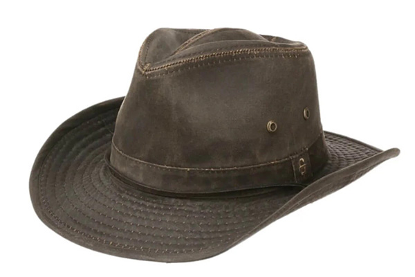 Brown leather cowboy hat with stitched brim and ventilation holes.