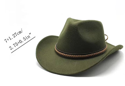 Green felt cowboy hat with braided brown band and size details.