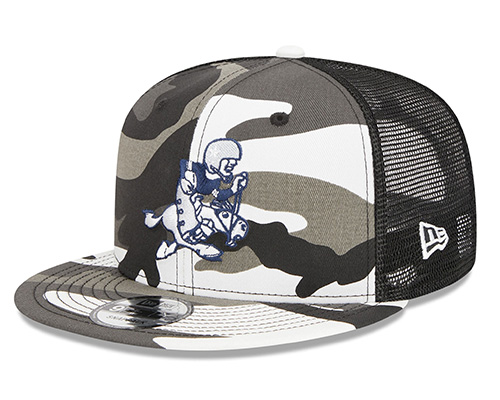 Camouflage print mesh cap with embroidered cartoon character on front.