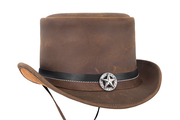 Brown leather cowboy hat with star emblem on black band.