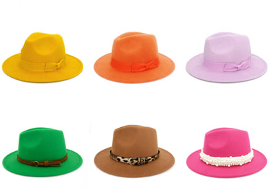 Six vibrant fedora hats in yellow, orange, pink, green, brown, and pink with bows and bands.