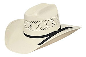 White straw cowboy hat with perforated pattern and black ribbon.
