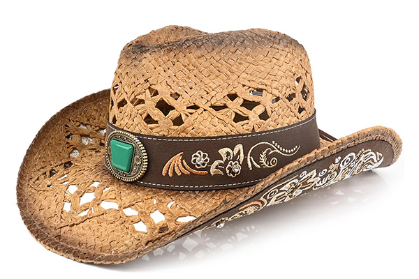 Brown woven straw hat with floral leather band and green stone.