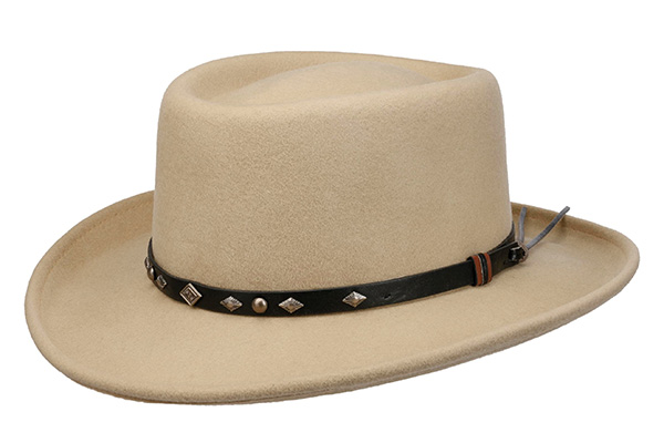 Beige felt hat with black studded leather band and wide brim.