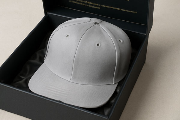 Gray baseball cap placed inside a black gift box with satin lining.