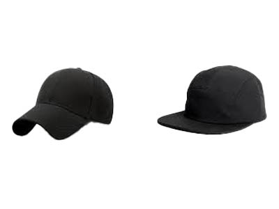 Two different styles of black caps, one with a curved brim and the other with a flat brim.