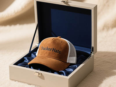 Brown trucker hat with white mesh in blue satin gift box.