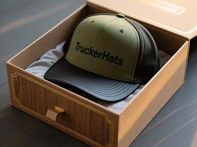 Green and black trucker hat with “TruckerHats” text in a wooden gift box.