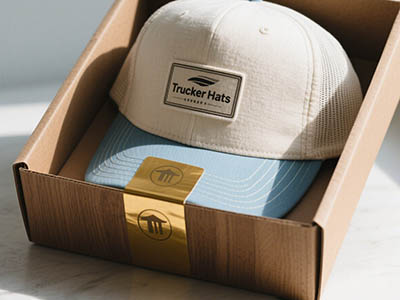 Blue and beige trucker hat in wooden box with “Trucker Hats” label on front.