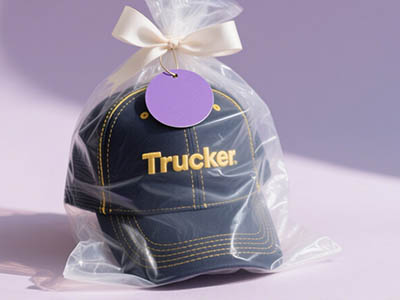 Navy blue trucker hat with gold “Trucker” text wrapped in clear plastic bag.