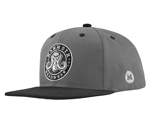 Gray snapback cap with black brim and Mammoth Headwear logo on front.