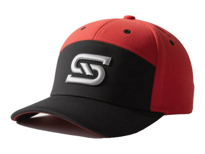 Red and black baseball cap with white stylized "S" logo embroidery.