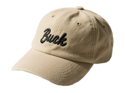 Beige baseball cap with black embroidered "Buck" text on front.