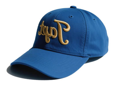 Blue baseball cap with yellow embroidered logo on front.