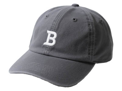 Gray baseball cap with white letter "B" embroidered on front.