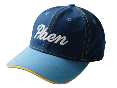Blue baseball cap with light blue brim and white "Phen" embroidery.