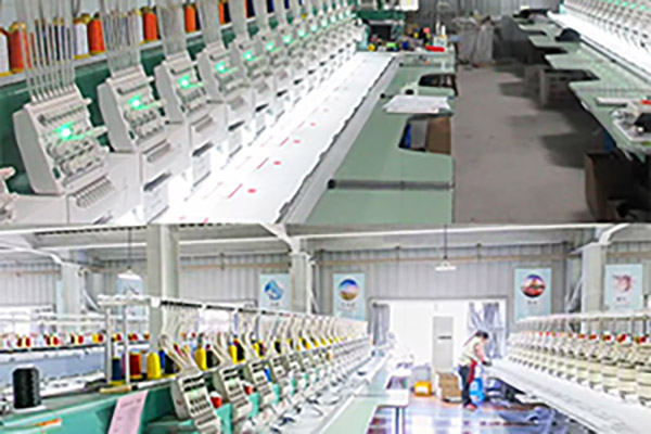 Rows of computerized embroidery machines in factory setting.