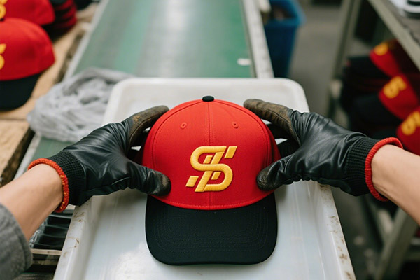Hands wearing black gloves holding red and black cap with yellow logo.