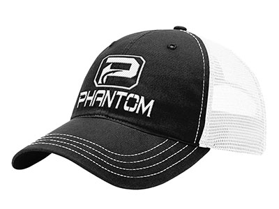 Black and white mesh baseball cap with "Phantom" logo embroidered on front.
