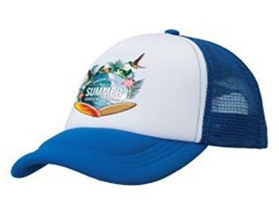 White and blue mesh trucker cap with colorful summer-themed design on front.
