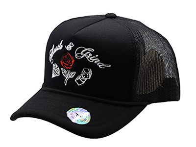 Black cap with mesh back and embroidered rose design on front.