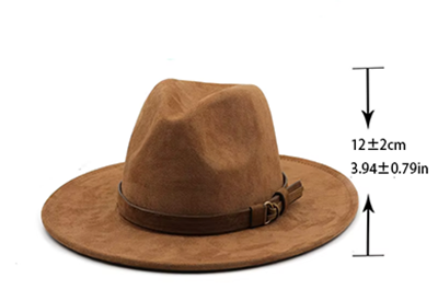 Brown felt fedora hat with leather band and size measurements.
