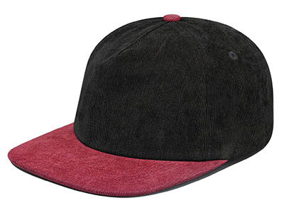 A snapback cap made from black and red corduroy fabric, featuring a flat brim and a contrasting color design.