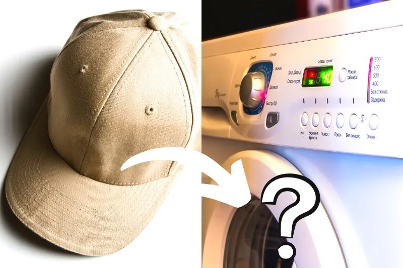 Beige cap with arrow pointing to washing machine with question mark.