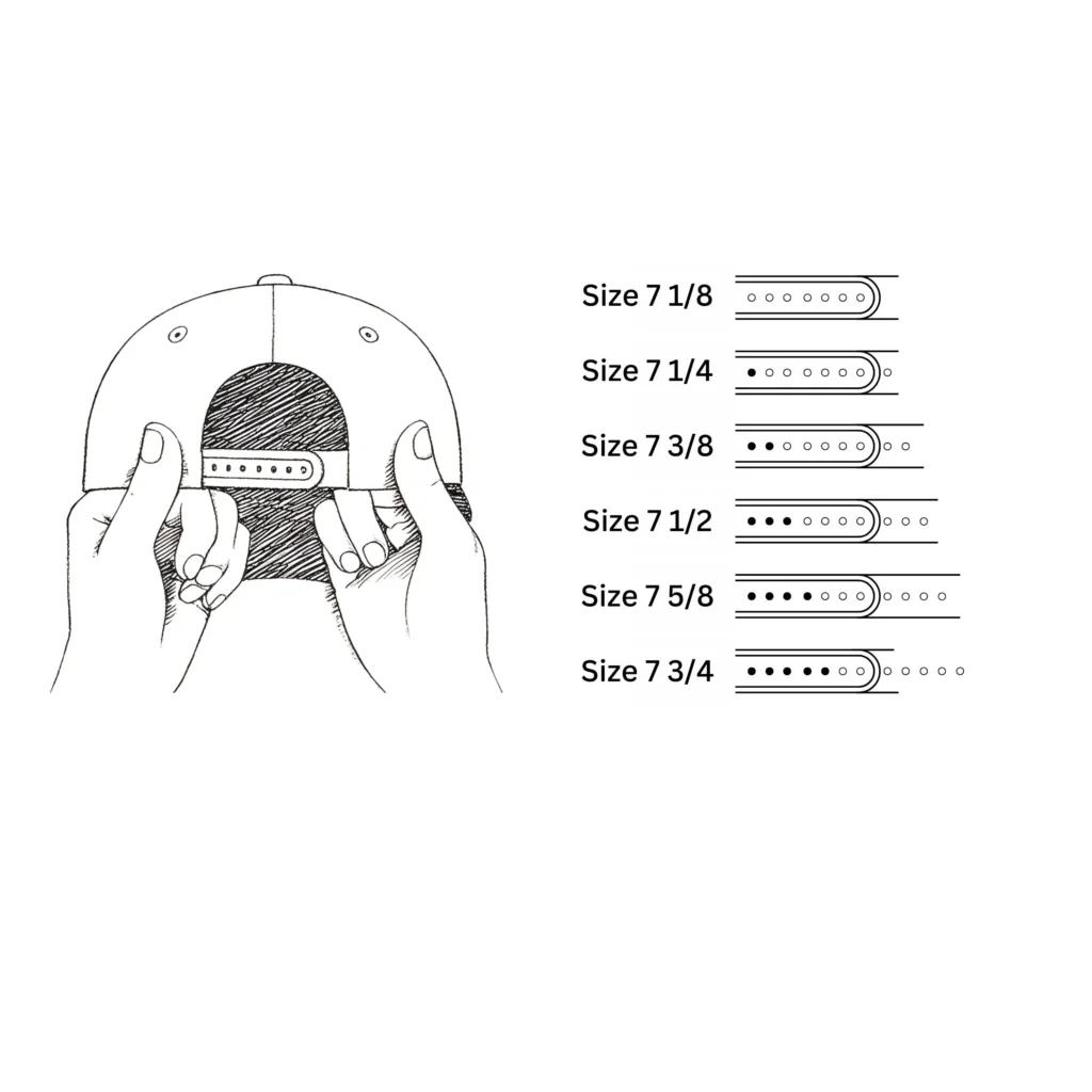 Illustration showing adjustable snapback cap sizes with measurement options.