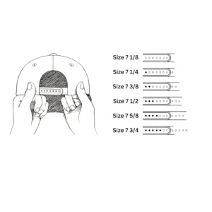 Illustration showing adjustable snapback cap sizes with measurement options.