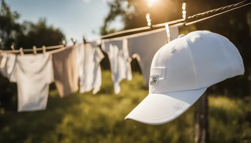 White cap hanging outside on clothesline in sunlight