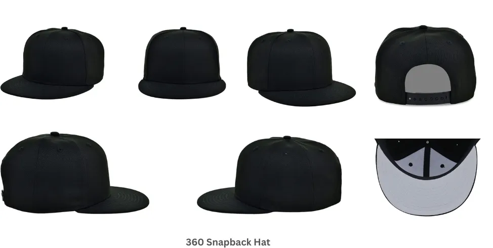 Multiple angles of black 360-degree snapback hat with flat brim and adjustable strap