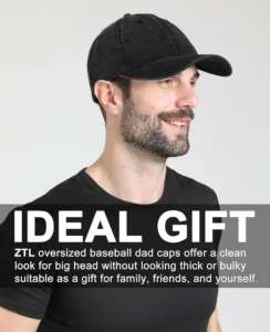 Smiling man wearing oversized black baseball cap suitable as gift for big heads
