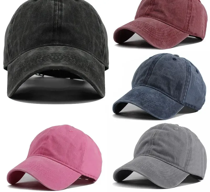 Five cotton caps in black, burgundy, navy, pink, and gray arranged in a grid pattern.