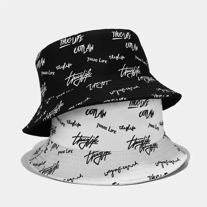 Two bucket hats with "Thug Life" text print in black and white colors.