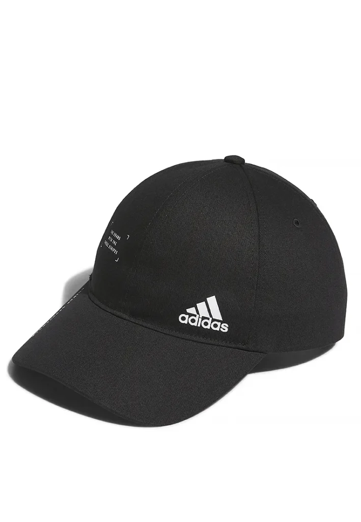 Black Adidas baseball cap with white logo on front and curved brim.