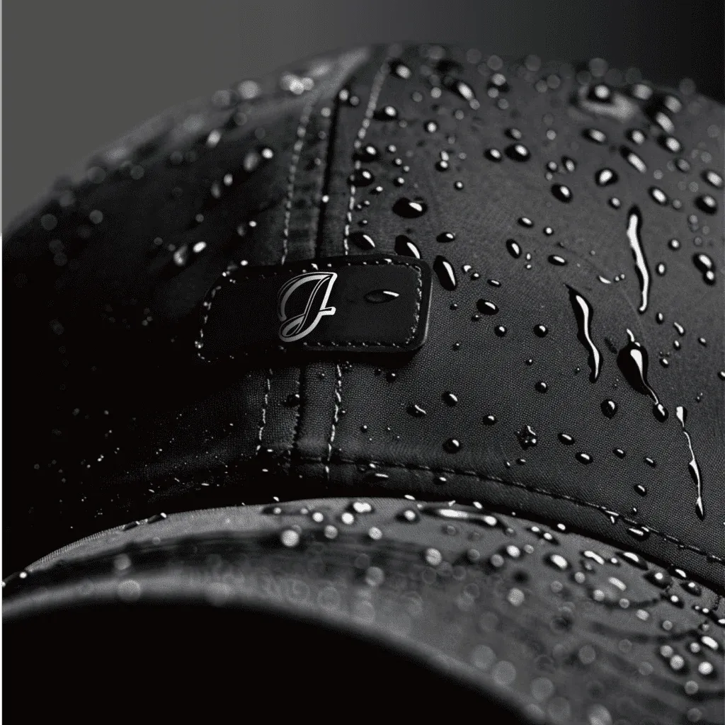 Black waterproof cap with water droplets on fabric surface close-up.