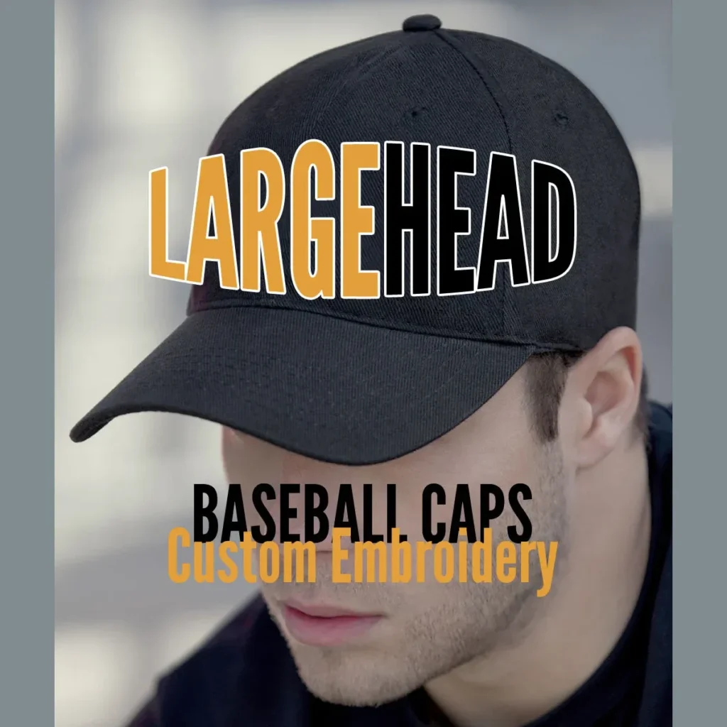 Man wearing black baseball cap with large head custom embroidery text