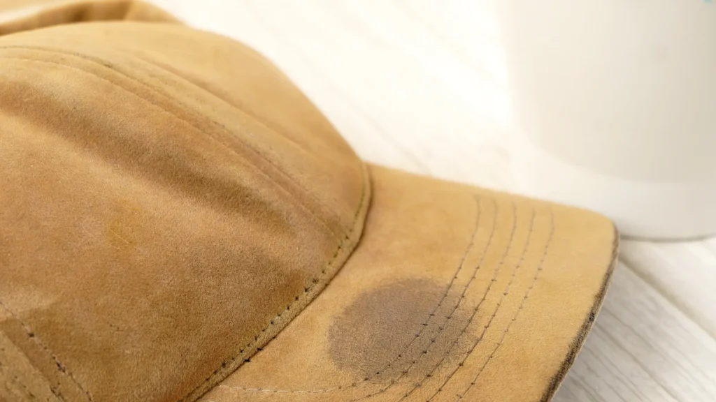Stain spot on tan suede baseball cap brim