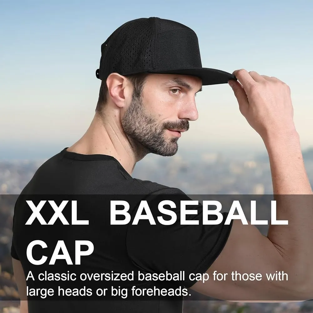 Man wearing oversized black baseball cap for large heads and big foreheads