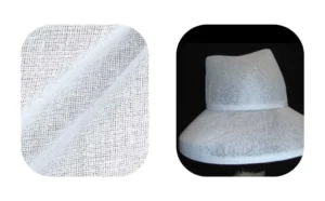 Close-up of white buckram fabric and a finished hat made from the same material.