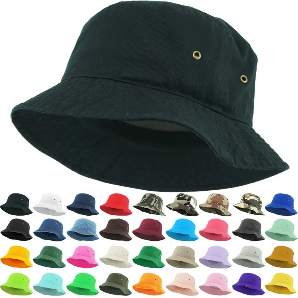 Various colors and patterns of bucket hats displayed.