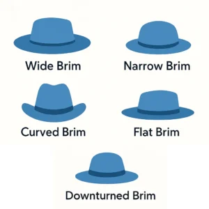 Illustration of five types of hat brims: wide, narrow, curved, flat, and downturned.