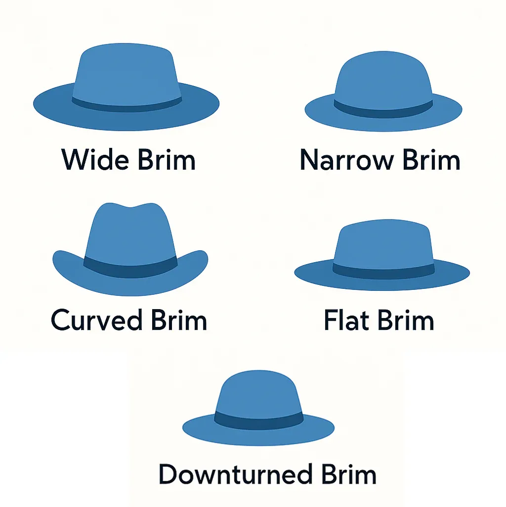 Illustration of five types of hat brims: wide, narrow, curved, flat, and downturned.