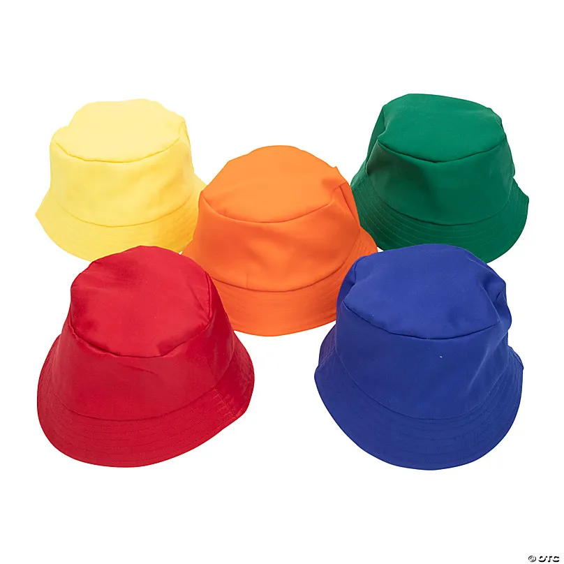 Five solid color polyester bucket hats in yellow, orange, green, red, and blue.