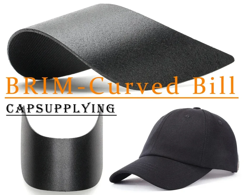 Close-up of a curved brim bill and a cap with a curved brim design.