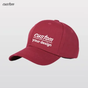 Red baseball cap with the text "custom your design" printed in white.