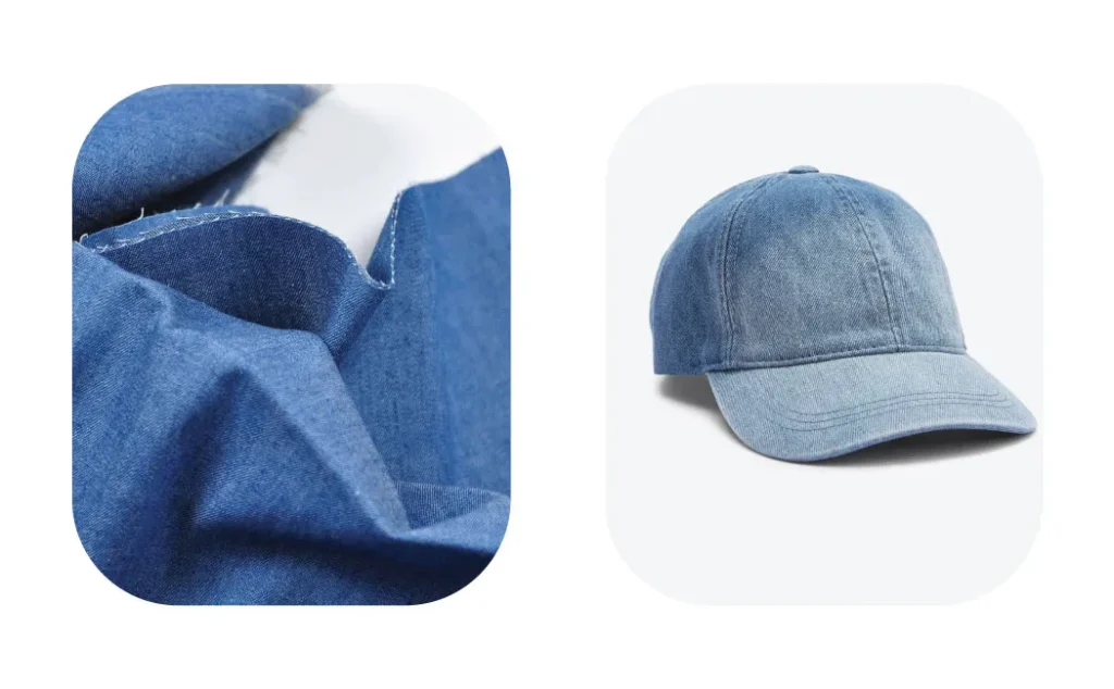 Blue denim fabric and denim baseball cap isolated on white background