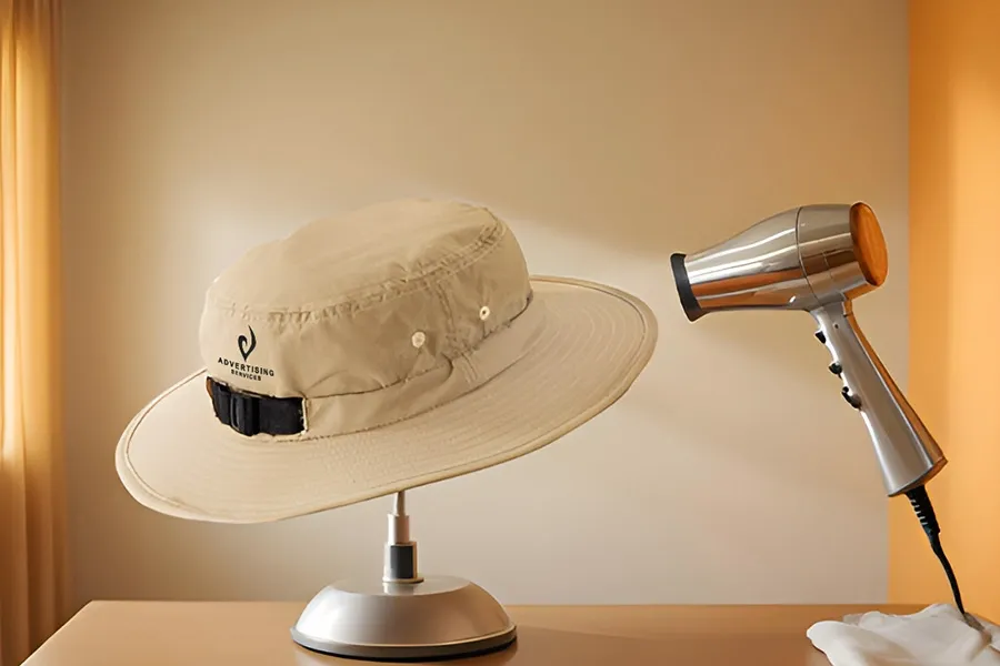 Beige hat on stand being shrunk with blow dryer in warm room.