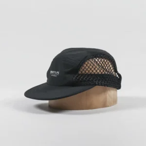Black baseball cap with mesh panels for ventilation.